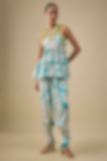 Ivory & Blue Satin Silk Embroidered & Tie-Dye Co-Ord Set by Akanksha Gajria at Pernia's Pop Up Shop