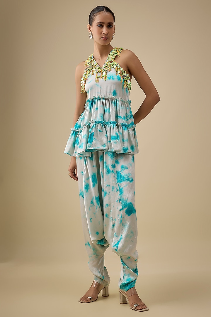 Ivory & Blue Satin Silk Embroidered & Tie-Dye Co-Ord Set by Akanksha Gajria at Pernia's Pop Up Shop