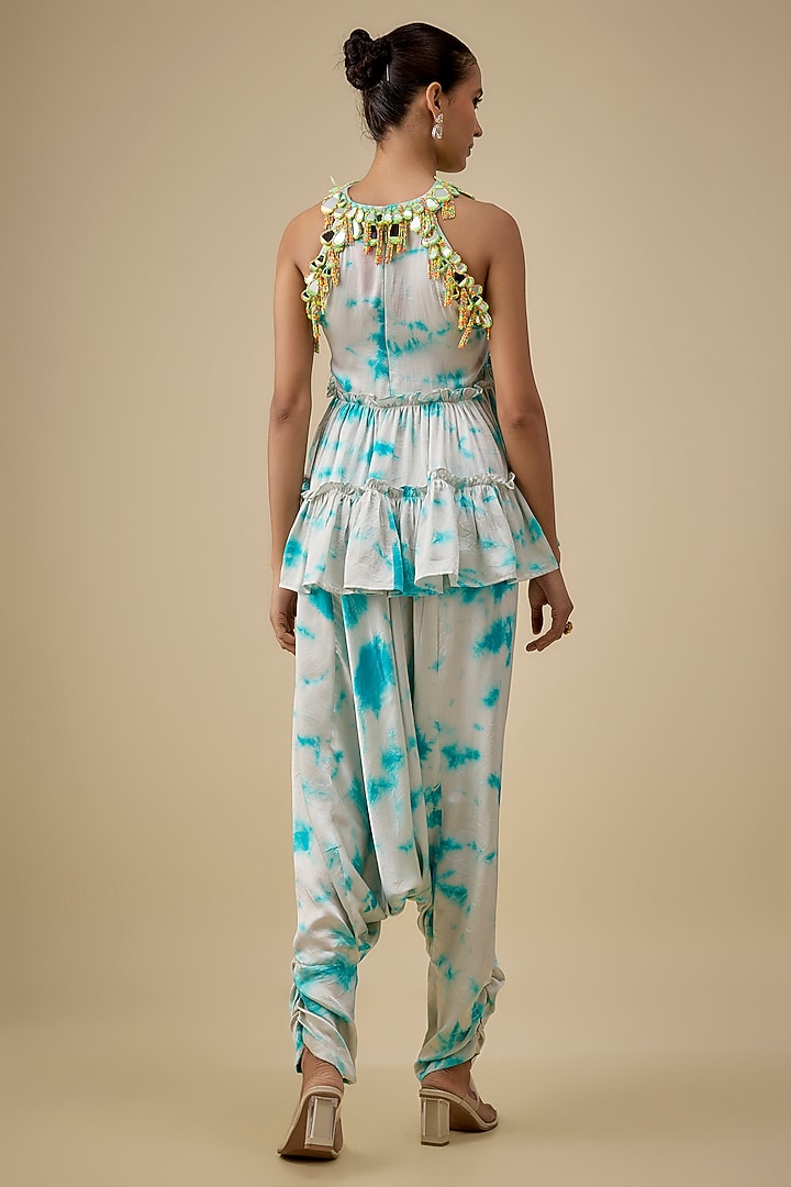 Ivory & Blue Satin Silk Embroidered & Tie-Dye Co-Ord Set by Akanksha Gajria at Pernia's Pop Up Shop