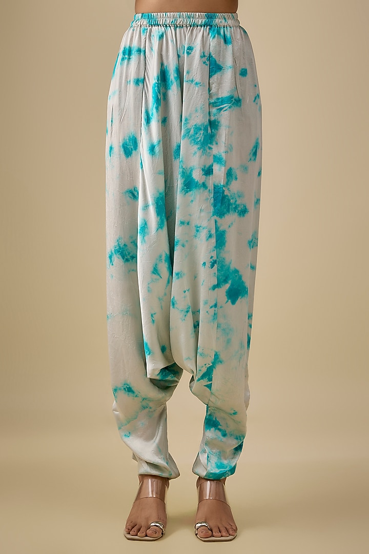 Ivory & Blue Satin Silk Embroidered & Tie-Dye Co-Ord Set by Akanksha Gajria at Pernia's Pop Up Shop
