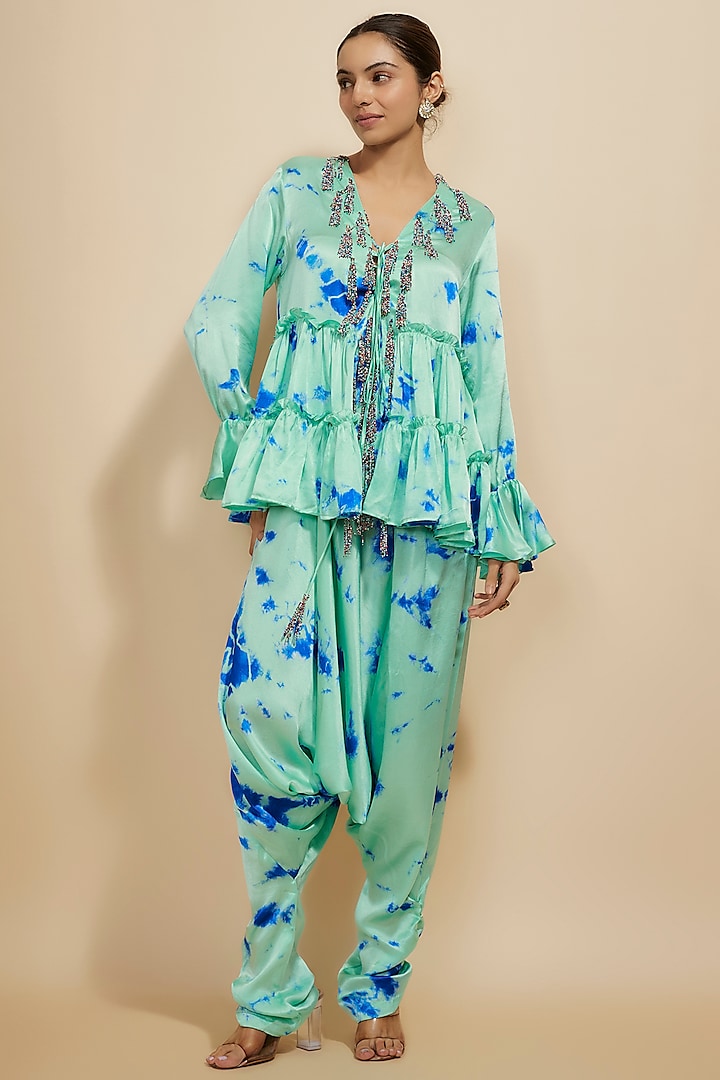 Blue Pure Satin Silk Tie-Dye Co-Ord Set by Akanksha Gajria at Pernia's Pop Up Shop