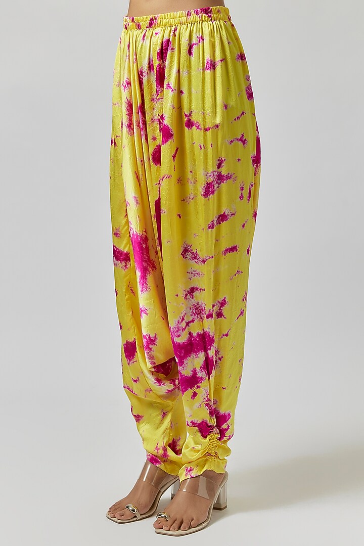 Yellow & Pink Satin Silk Tie-Dye Tunic Set by Akanksha Gajria at Pernia's Pop Up Shop