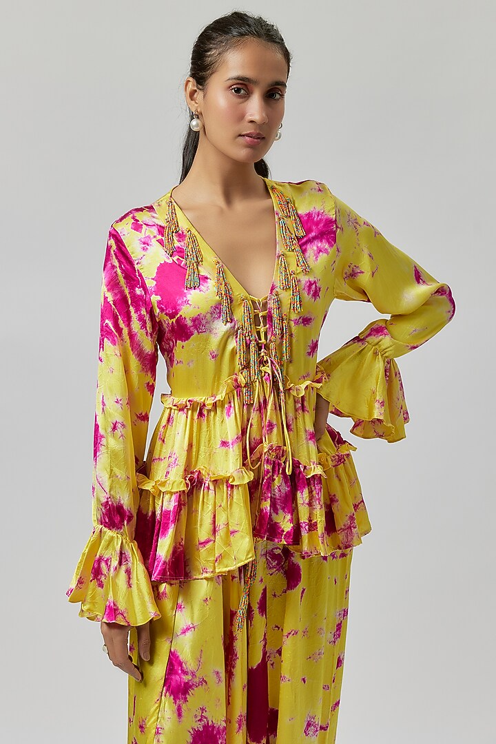 Yellow & Pink Satin Silk Tie-Dye Tunic Set by Akanksha Gajria at Pernia's Pop Up Shop