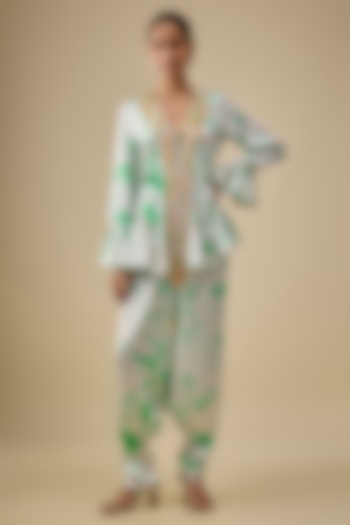 Ivory & Green Satin Silk Embroidered & Tie-Dye Co-Ord Set by Akanksha Gajria at Pernia's Pop Up Shop