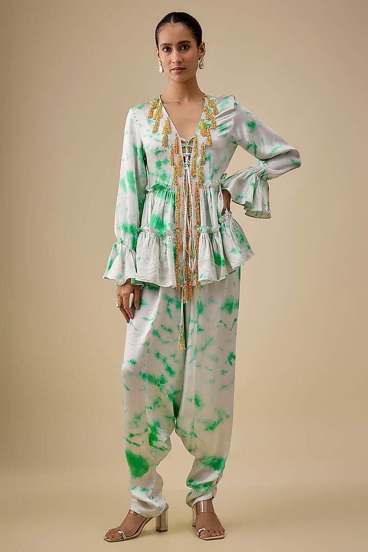 Ivory & Green Satin Silk Embroidered & Tie-Dye Co-Ord Set by Akanksha Gajria at Pernia's Pop Up Shop