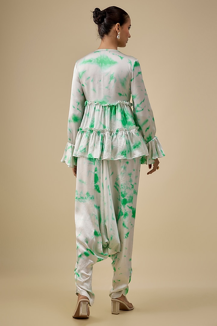 Ivory & Green Satin Silk Embroidered & Tie-Dye Co-Ord Set by Akanksha Gajria at Pernia's Pop Up Shop