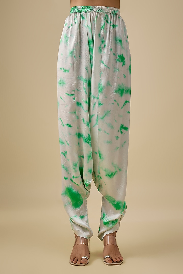 Ivory & Green Satin Silk Embroidered & Tie-Dye Co-Ord Set by Akanksha Gajria at Pernia's Pop Up Shop