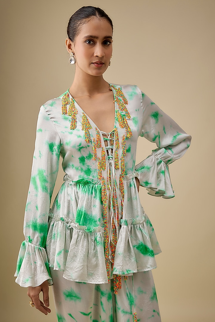 Ivory & Green Satin Silk Embroidered & Tie-Dye Co-Ord Set by Akanksha Gajria at Pernia's Pop Up Shop