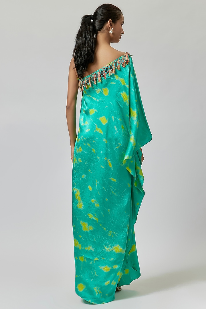 Aqua & Yellow Satin Silk One-Shoulder Tie-Dye Kaftan Dress by Akanksha Gajria at Pernia's Pop Up Shop