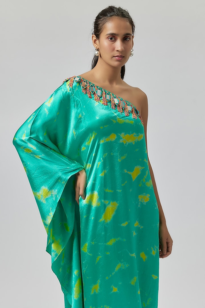 Aqua & Yellow Satin Silk One-Shoulder Tie-Dye Kaftan Dress by Akanksha Gajria at Pernia's Pop Up Shop