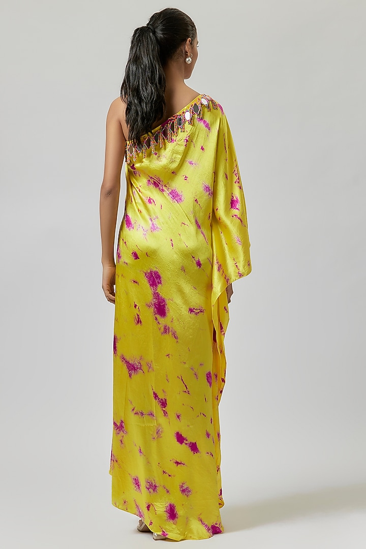 Yellow & Pink Satin Silk One-Shoulder Tie-Dye Kaftan Dress by Akanksha Gajria at Pernia's Pop Up Shop
