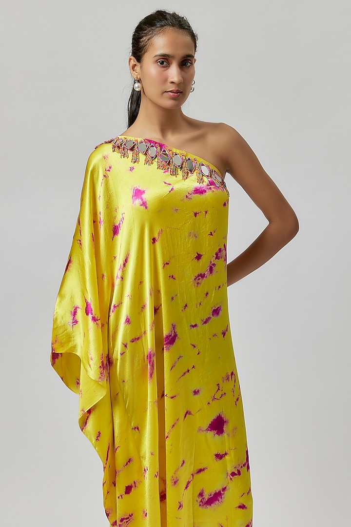 Yellow & Pink Satin Silk One-Shoulder Tie-Dye Kaftan Dress by Akanksha Gajria at Pernia's Pop Up Shop