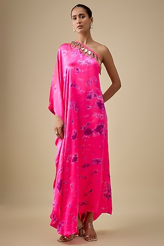 Pink & Purple Satin Silk Embroidered & Tie-Dye Kaftan by Akanksha Gajria