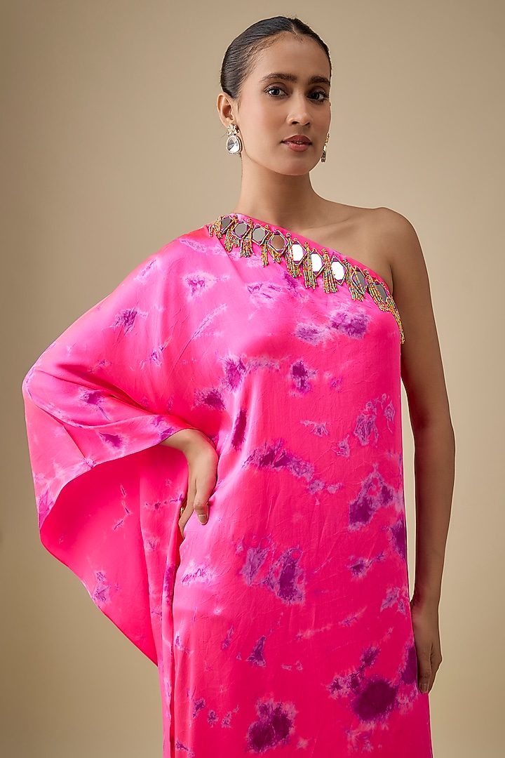 Pink & Purple Satin Silk Embroidered & Tie-Dye Kaftan by Akanksha Gajria at Pernia's Pop Up Shop