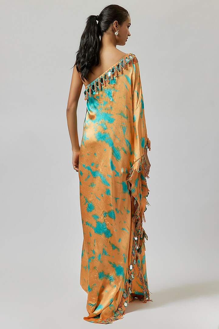 Yellow & Pink Satin Silk One-Shoulder Tie-Dye Kaftan Dress by Akanksha Gajria at Pernia's Pop Up Shop