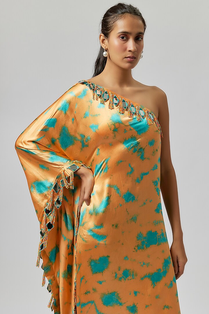 Yellow & Pink Satin Silk One-Shoulder Tie-Dye Kaftan Dress by Akanksha Gajria at Pernia's Pop Up Shop