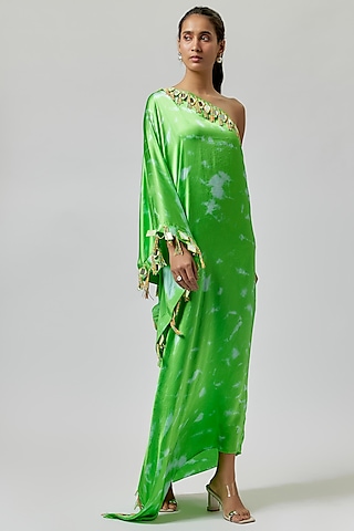 Green & Aqua Satin Silk One-Shoulder Tie-Dye Kaftan Dress by Akanksha Gajria