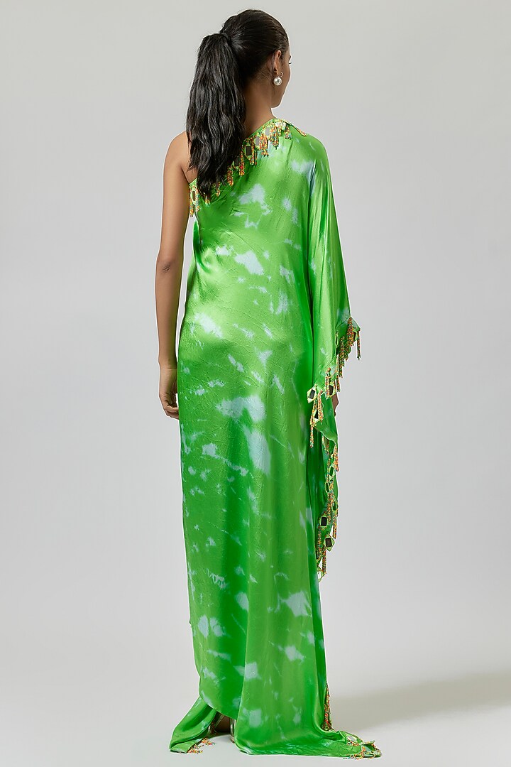 Green & Aqua Satin Silk One-Shoulder Tie-Dye Kaftan Dress by Akanksha Gajria at Pernia's Pop Up Shop