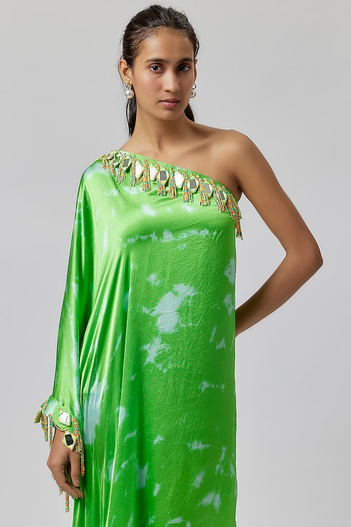 Green & Aqua Satin Silk One-Shoulder Tie-Dye Kaftan Dress by Akanksha Gajria at Pernia's Pop Up Shop