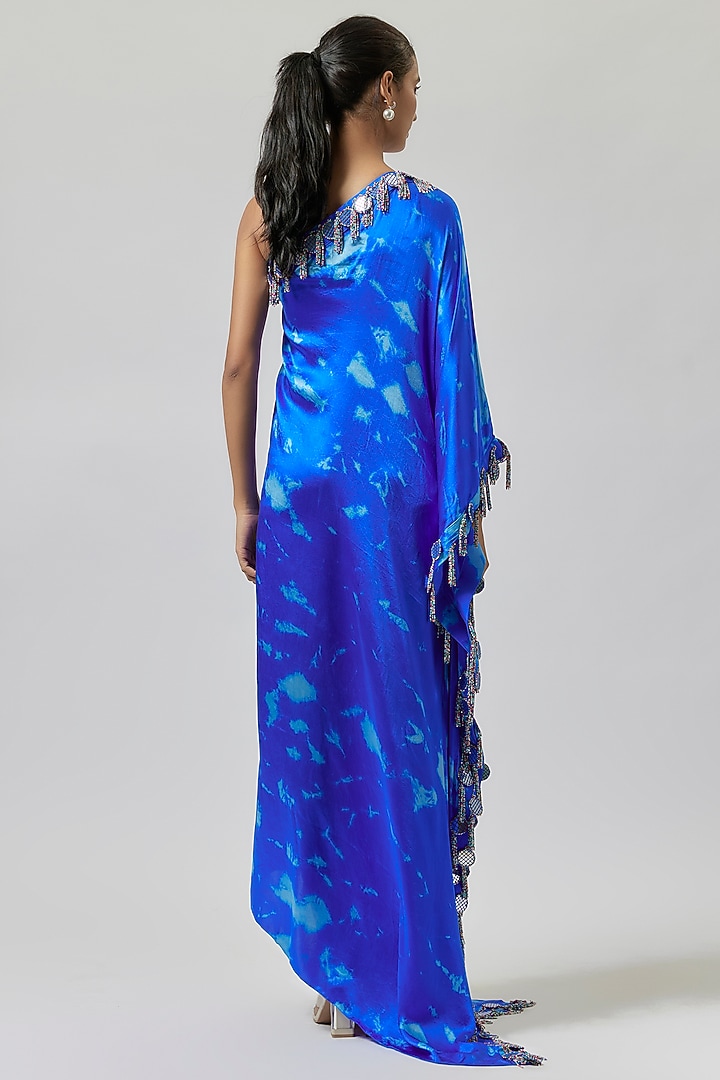 Royal Blue & Aqua Satin Silk One-Shoulder Tie-Dye Kaftan Dress by Akanksha Gajria at Pernia's Pop Up Shop