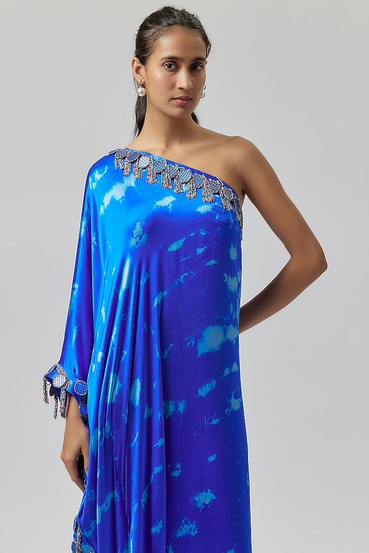 Royal Blue & Aqua Satin Silk One-Shoulder Tie-Dye Kaftan Dress by Akanksha Gajria at Pernia's Pop Up Shop