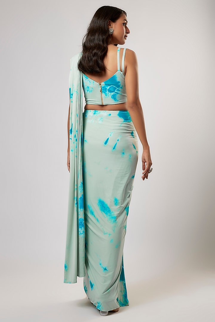 Blue Lycra Pre-Stitched Tie-Dyed Wedding Saree Set by Akanksha Gajria at Pernia's Pop Up Shop