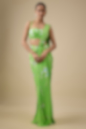 Green & Aqua Lycra Stretch Tie-Dye Pre-Stitched Wedding Saree Set by Akanksha Gajria at Pernia's Pop Up Shop