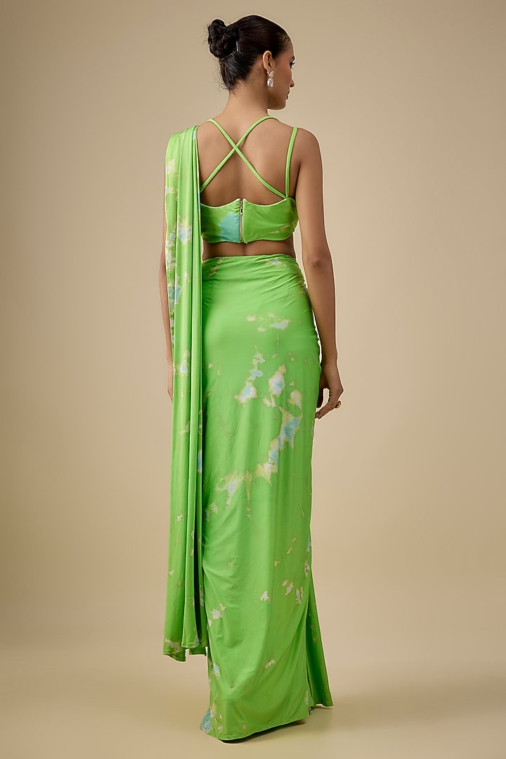 Green & Aqua Lycra Stretch Tie-Dye Pre-Stitched Wedding Saree Set by Akanksha Gajria at Pernia's Pop Up Shop