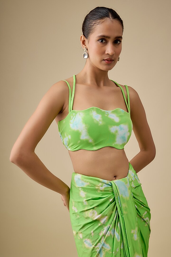 Green & Aqua Lycra Stretch Tie-Dye Pre-Stitched Wedding Saree Set by Akanksha Gajria at Pernia's Pop Up Shop