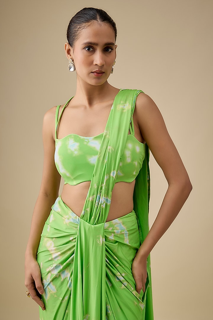 Green & Aqua Lycra Stretch Tie-Dye Pre-Stitched Wedding Saree Set by Akanksha Gajria at Pernia's Pop Up Shop