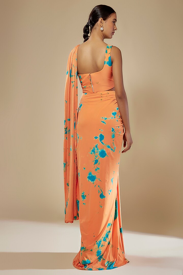 Orange & Aqua Lycra Stretch Tie-Dye Pre-Stitched Wedding Saree Set by Akanksha Gajria at Pernia's Pop Up Shop