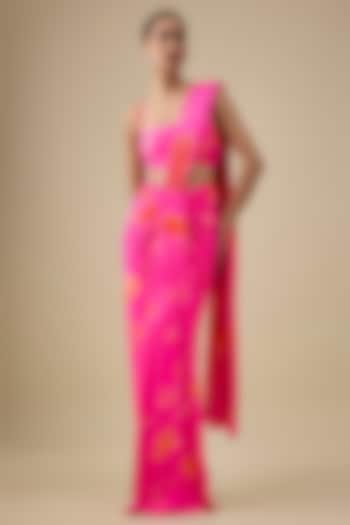 Pink & Orange Lycra Stretch Tie-Dye Pre-Stitched Wedding Saree Set by Akanksha Gajria at Pernia's Pop Up Shop