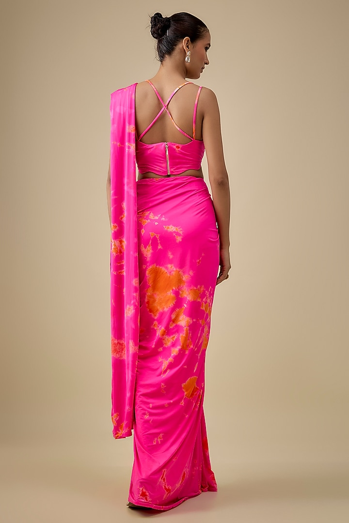 Pink & Orange Lycra Stretch Tie-Dye Pre-Stitched Wedding Saree Set by Akanksha Gajria at Pernia's Pop Up Shop