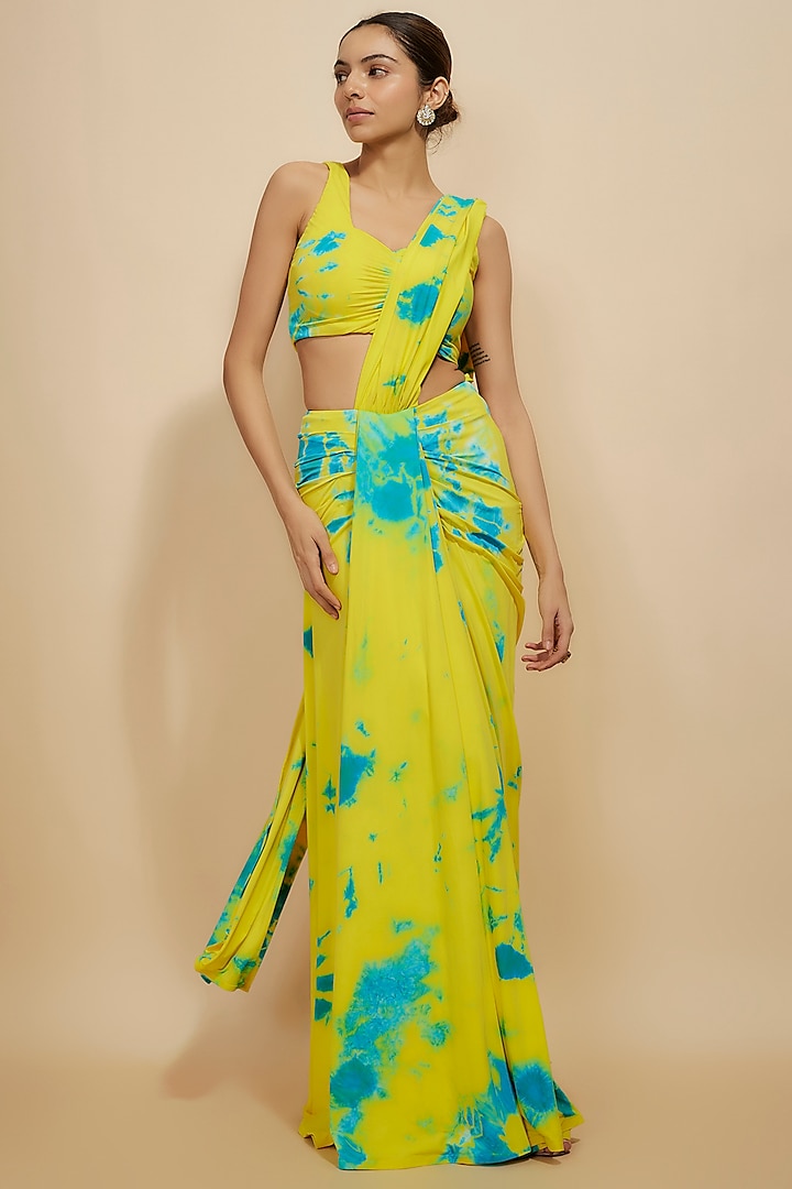 Yellow-Blue Pure Satin Silk & Lycra Tie-Dye Stitched Saree Set by Akanksha Gajria at Pernia's Pop Up Shop