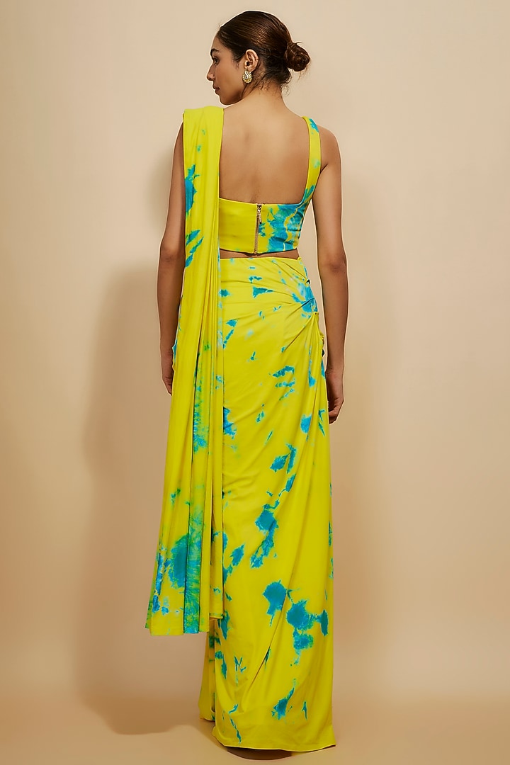 Yellow-Blue Pure Satin Silk & Lycra Tie-Dye Stitched Wedding Saree Set by Akanksha Gajria at Pernia's Pop Up Shop