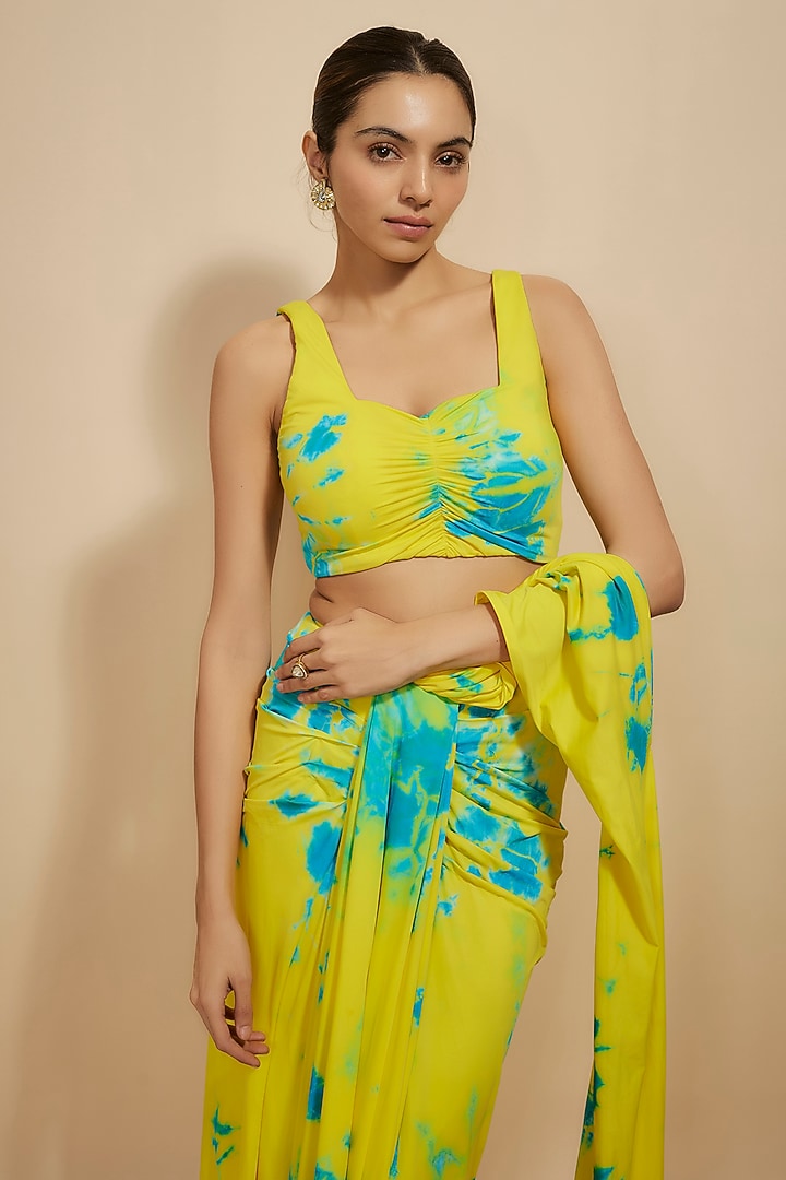 Yellow-Blue Pure Satin Silk & Lycra Tie-Dye Stitched Wedding Saree Set by Akanksha Gajria at Pernia's Pop Up Shop