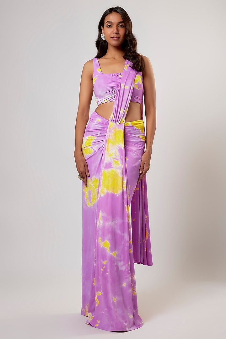 Lilac Lycra Pre-Stitched Tie-Dyed Wedding Saree Set by Akanksha Gajria at Pernia's Pop Up Shop