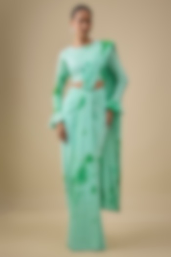 Aqua & Green Lycra Stretch Tie-Dye Pre-Stitched Wedding Saree Set by Akanksha Gajria at Pernia's Pop Up Shop