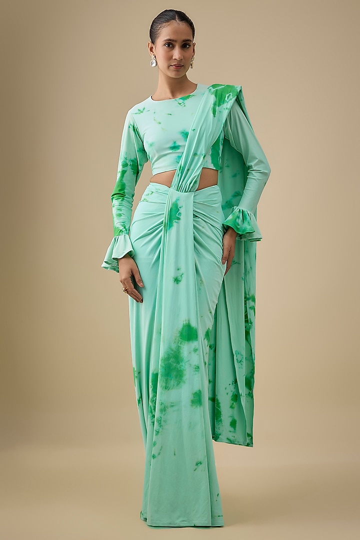 Aqua & Green Lycra Stretch Tie-Dye Pre-Stitched Wedding Saree Set by Akanksha Gajria at Pernia's Pop Up Shop