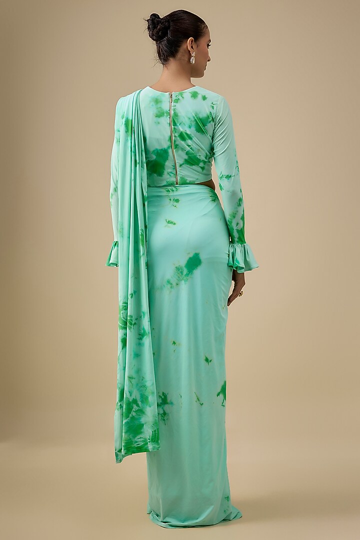 Aqua & Green Lycra Stretch Tie-Dye Pre-Stitched Wedding Saree Set by Akanksha Gajria at Pernia's Pop Up Shop