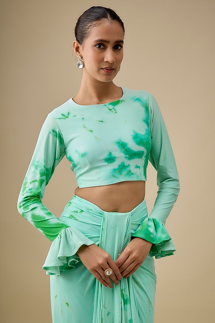 Aqua & Green Lycra Stretch Tie-Dye Pre-Stitched Wedding Saree Set by Akanksha Gajria at Pernia's Pop Up Shop