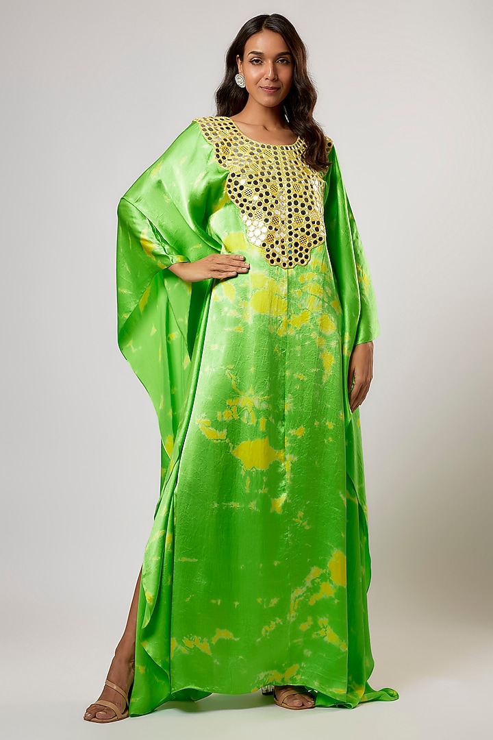 Green & Yellow Satin Silk Tie-Dyed Kaftan by Akanksha Gajria at Pernia's Pop Up Shop
