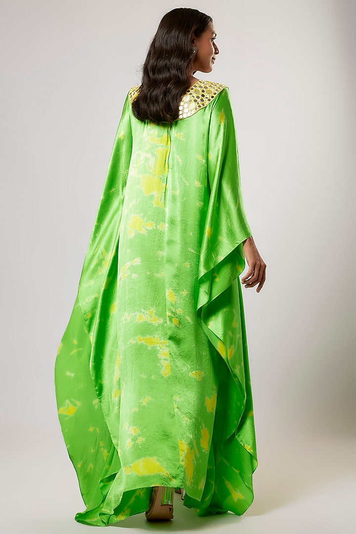 Green & Yellow Satin Silk Tie-Dyed Kaftan by Akanksha Gajria at Pernia's Pop Up Shop