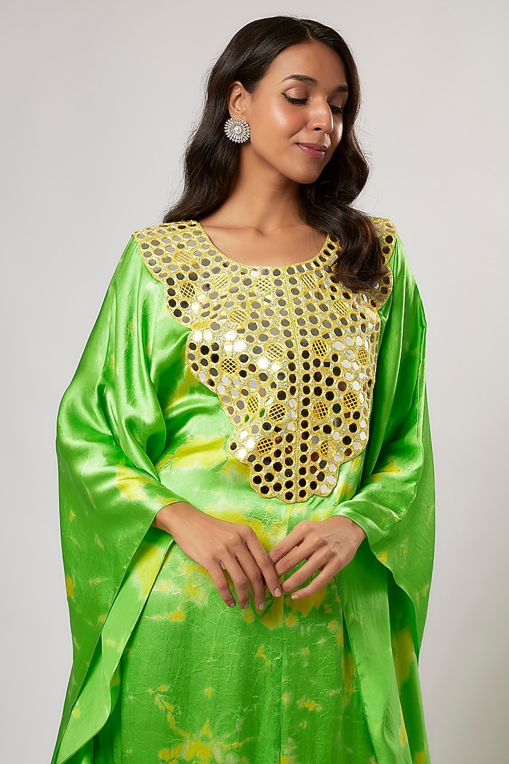 Green & Yellow Satin Silk Tie-Dyed Kaftan by Akanksha Gajria at Pernia's Pop Up Shop