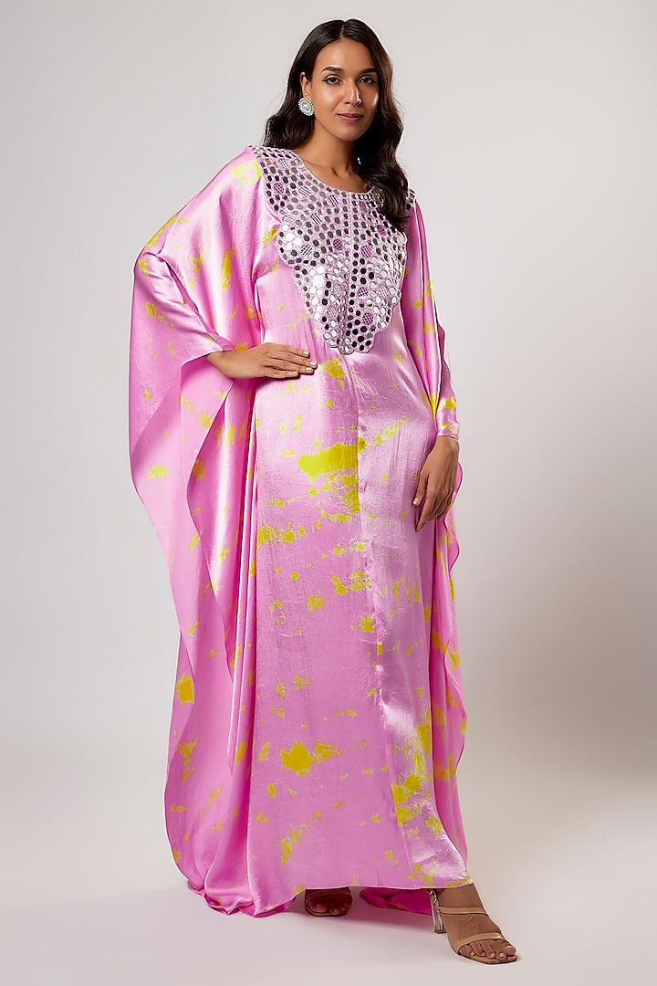 Lilac & Yellow Satin Silk Tie-Dyed Kaftan by Akanksha Gajria