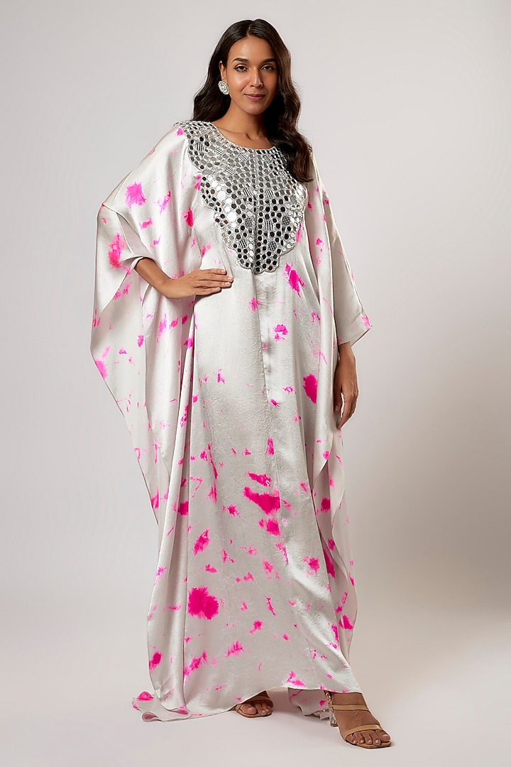 Ivory & Pink Satin Silk Tie-Dyed Kaftan by Akanksha Gajria at Pernia's Pop Up Shop