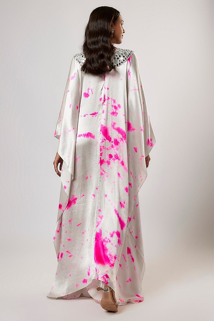 Ivory & Pink Satin Silk Tie-Dyed Kaftan by Akanksha Gajria at Pernia's Pop Up Shop