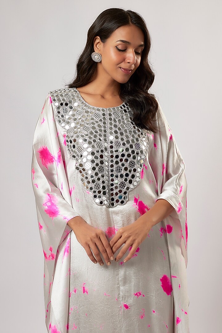 Ivory & Pink Satin Silk Tie-Dyed Kaftan by Akanksha Gajria at Pernia's Pop Up Shop