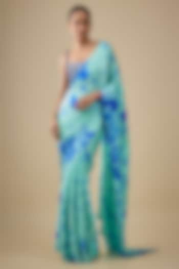 Blue Georgette Hand Tie-Dye Wedding Saree Set by Akanksha Gajria at Pernia's Pop Up Shop