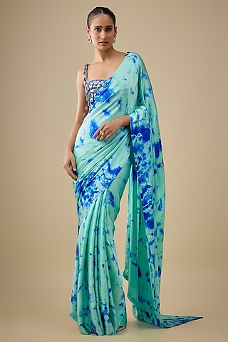 Blue Georgette Hand Tie-Dye Saree Set by Akanksha Gajria